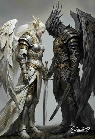 A detailed fantasy portrait of two opposing Valkyries facing each other closely, one with white feathered wings and silver armor, the other with dark demonic wings and jagged obsidian armor, under dramatic Rembrandt lighting.