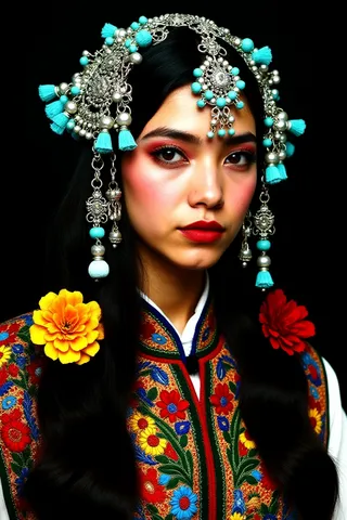 Young woman wearing traditional Central Asian attire with vibrant floral embroidery, dramatic makeup, and an intricate headdress adorned with turquoise beads and tassels.