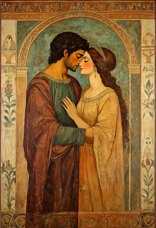 Fresco painting depicting a romantic couple embracing, painted using ancient fresco techniques with rich, textured colors and historical style.
