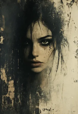 Close-up of a woman's face in a painterly grunge style with dark atmospheric tones and textured brushstrokes, featuring melancholic and shadowy effects.