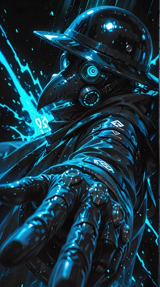 Close-up portrait of a figure wearing a glossy plague doctor mask and helmet with glowing blue eyes and accents, in a dark techno horror sci-fi setting.