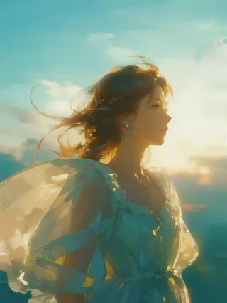 Side-profile portrait of a graceful young woman at dawn in a flowing semi-transparent aquamarine gown with lace, her long hair tousled by breeze, bathed in warm golden light with a soft pastel sky background.