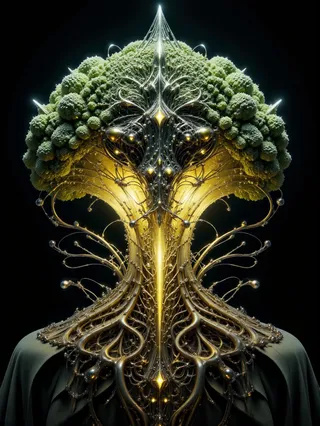 Digital artwork of an intricate face composed of broccoli, featuring glowing golden filigree and futuristic ornate metallic details on a dark background.