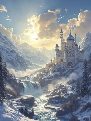 A fantastical castle with blue rooftops nestled among snowy mountains at sunrise, overlooking cascading waterfalls and pine trees.