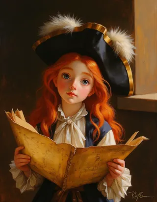 Oil painting of a hopeful young female pirate with long red hair and blue eyes reading an aged pirate map, in the style of Rembrandt with warm radiant lighting.