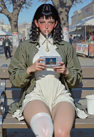 A digital artwork of a dark-haired female character sitting on a park bench in an urban setting, holding a PlayStation Portable, wearing a school uniform with white thigh-highs and an olive jacket.