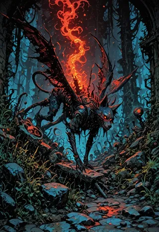A biomechanical demon with fiery wings and glowing red eyes in a shattered techno-cathedral environment with gothic horror elements and broken spires.