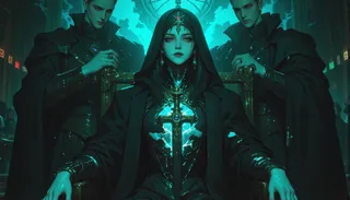 Close-up of the High Priestess in dark robes sitting on a throne in a gothic church, illuminated by a surreal blue-green glow, flanked by two cloaked figures holding a sacred dagger.