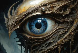 Close-up of a highly detailed mechanical eye with metal and glass components, featuring a glowing blue iris surrounded by complex ornate metallic structures in a dark fantasy steampunk style.