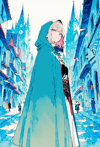 Young female adventurer wearing a blue cloak standing in a medieval fantasy town with tall castle spires in watercolor style and subtle chromatic aberration effects.