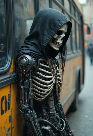 Hooded skeleton with black long hair and biomechanical cybernetic body leaning against a yellow bus in a dystopian urban setting.
