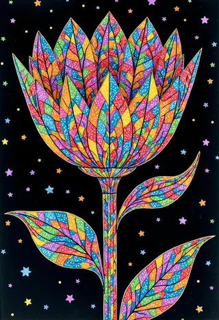 Bright, colorful flower with petals and leaves composed of geometric mosaic patterns on a black starry background.