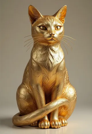 A gold sculpture of a sleek sitting cat with intricate detailing and fine craftsmanship, embodying luxury and opulence.