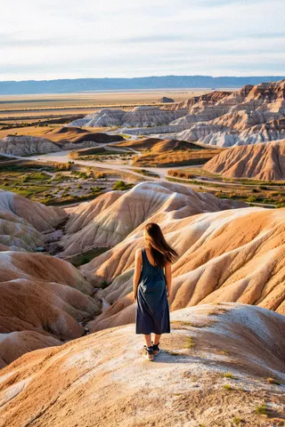 A girl wearing a dark blue dress and sneakers stands on a rocky hill in Badlands National Park, South Dakota, overlooking vast desert hills and winding paths under a clear sky.