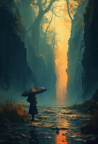 A mysterious, dark valley with towering cliffs on either side, illuminated by warm sunlight in the distance. A lone figure stands with an umbrella, surrounded by shadows and faint glowing foliage.