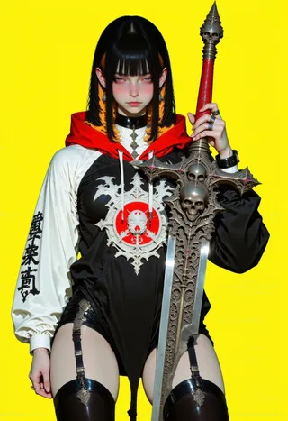 Digital illustration of a young woman with black hair and orange streaks, wearing a black and white hoodie with Japanese kanji, holding a large gothic sword with skull motifs against a bright yellow background.