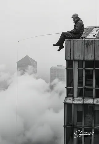 Black and white cinematic image of an old fisherman in traditional rain gear sitting on the edge of a tall skyscraper, fishing into thick fog covering the city below.