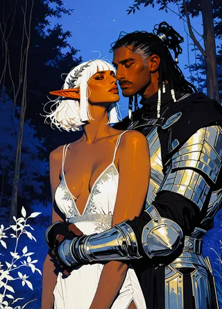 Scène romantique d'une femme elfe aux cheveux blancs et oreilles pointues en robe blanche enlacée par un chevalier à la peau foncée avec des dreadlocks et une armure brillante sous un ciel nocturne forestier.