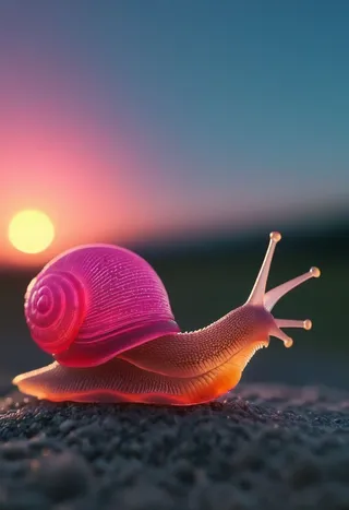 Close-up image of a photorealistic snail with neon pink and blue subsurface scattering on its shell and body, set against a cinematic sunset background with atmospheric haze and film grain.