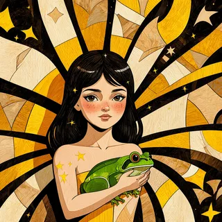 Illustration of a Cuban fairy holding a green magic frog with yellow sparks around, set against a background of striated angular shapes in yellow and brown wood textures.