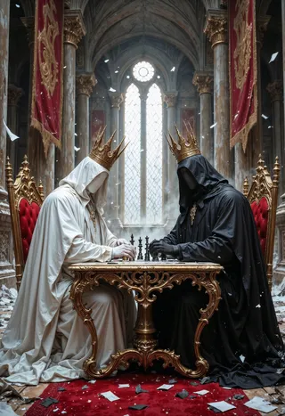 Two faceless king figures wearing gold crowns and flowing white and black robes sit at an ornate marble table playing chess in a grand, decaying royal hall with towering pillars and shattered stained-glass windows.