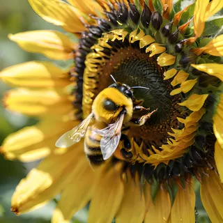 Macro photo of a fuzzy bumblebee landing on a vibrant yellow sunflower with pollen visible on the bee's body, petals detailed and background blurred.