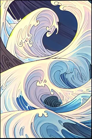 Stylized waves with curling crests inspired by Hokusai's Great Wave and Mt. Fuji in the background, featuring dynamic ocean movement and traditional Japanese art style