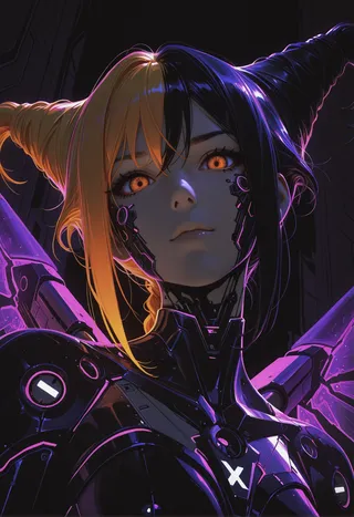 Close-up portrait of a cyberpunk woman with Jinx-inspired split orange and black hair, glowing orange eyes, mechanical facial details, and mechanical wings in a dimly lit, dark futuristic setting.