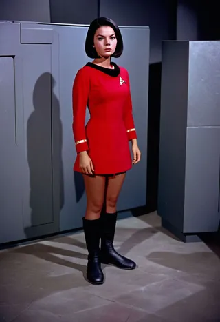 Young female human yeoman with sleek bob haircut wearing a red Star Trek original series dress and black boots standing on the Starship Enterprise set.