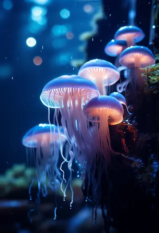Close-up of translucent jellyfish-like fungi with subsurface scattering on a rotten tree in a rainforest, illuminated by soft evening cinematic light and atmospheric haze.