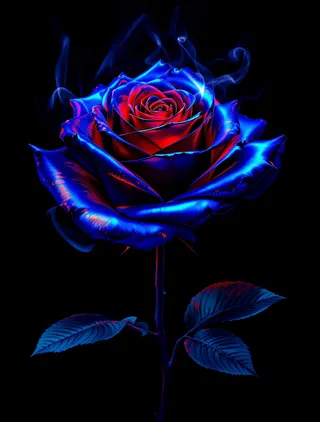 A blue rose with metallic petals and fiery red highlights, surrounded by wisps of ethereal smoke against a dark background.