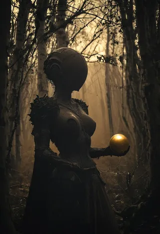 A dark translucent mushroom woman figure with a smooth spherical golden ball in hand stands in a dimly lit birch forest with atmospheric cinematic lighting and deep shadows.