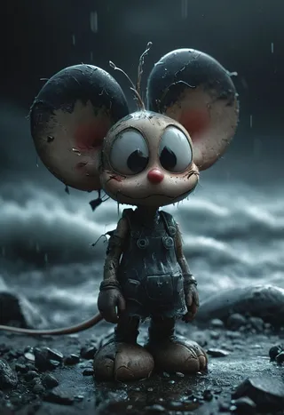 Closeup of an old android mouse with large, cracked ears, worn overalls, and a fragile smile, standing in a stormy, dark environment with dramatic backlighting.