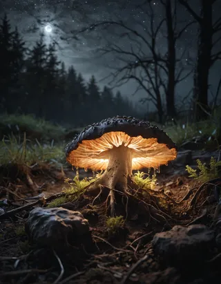 A photorealistic glowing fungus mushroom on contaminated ground with intricate roots and textures, illuminated under a moonlit night sky with stars and silhouettes of trees.