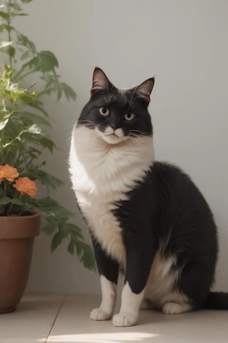 オレンジ色の花が咲いた鉢植えの横に座っている白黒のタキシード猫。これはstable diffusionを使用して生成されたAI画像です。