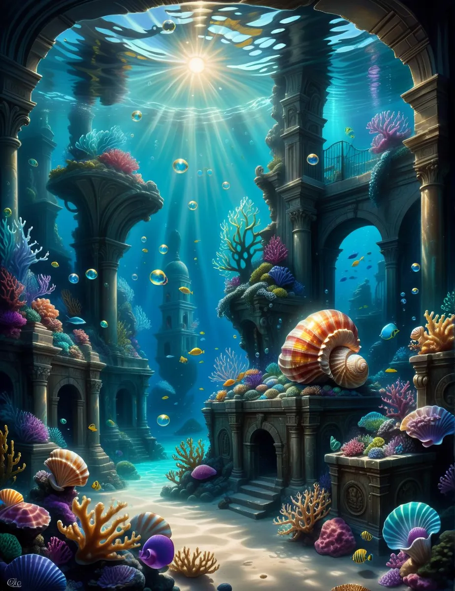 Underwater scenery featuring a vibrant coral reef, ancient ruins, and various sea creatures. AI generated image using stable diffusion.