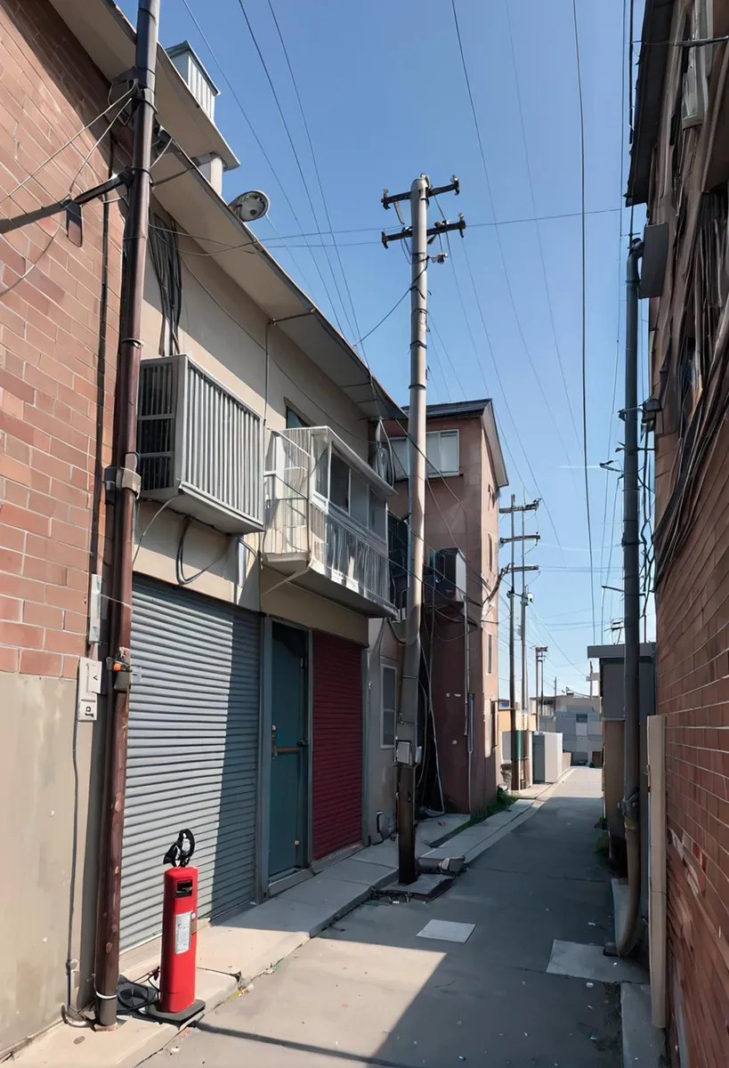 An AI generated image using stable diffusion depicting a narrow urban alley between residential buildings with a clear blue sky.