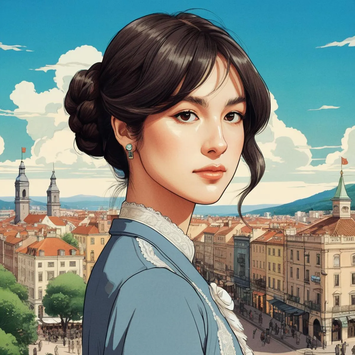AI generated image using stable diffusion shows a Victorian-era woman with dark hair in an elegant updo, standing in front of a charming historical cityscape with pastel buildings and church towers.