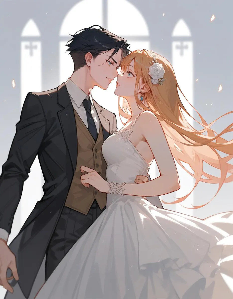 Stable Diffusionで作成されたAI生成画像。白いドレスの花嫁と黒いスーツの新郎が親密な瞬間を共有する、ロマンチックなアニメ風ウェディングカップルの描写。