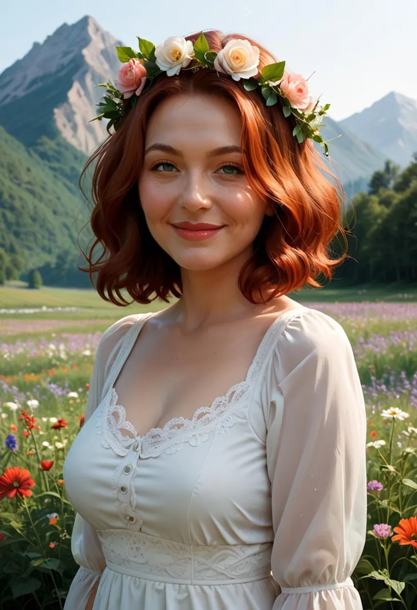 白いドレスを着て花冠をかぶった赤毛の女性が、背景に山々が広がる咲き乱れる草原に立っているAI生成画像。