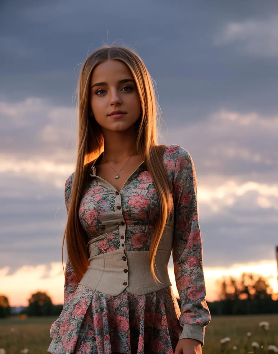 Young woman wearing a floral dress standing in a field at sunset. AI generated image using Stable Diffusion.