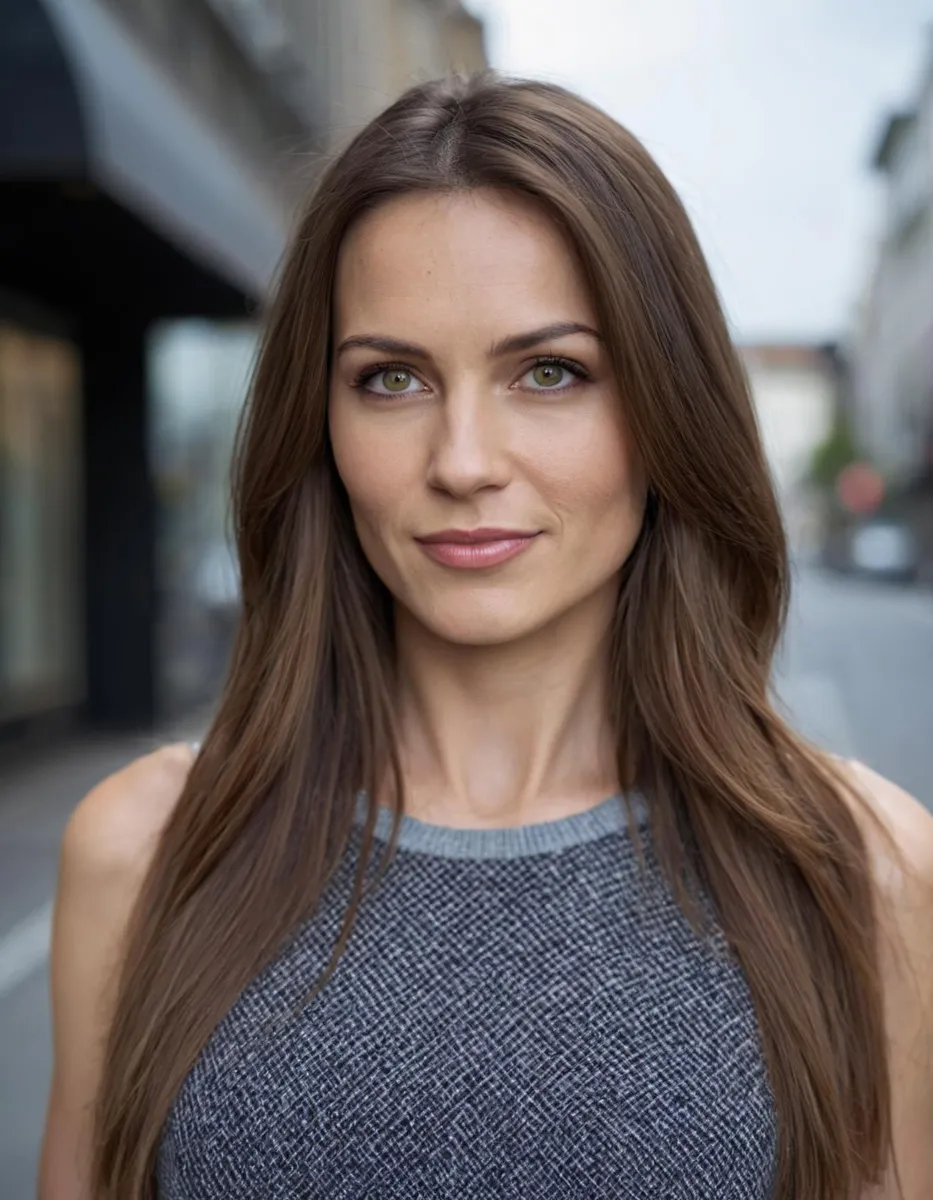 AI generated image of a young woman with long hair wearing a black choker and earrings, outdoors with a blurred background. The image is created using Stable Diffusion.