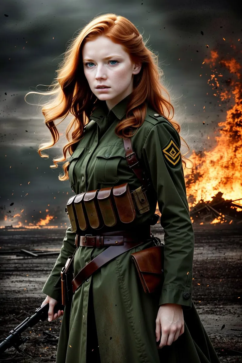 Una donna bellissima con lunghi capelli rossi fluenti in uniforme militare verde che si trova su un campo di battaglia con un incendio sullo sfondo. Immagine generata da AI usando stable diffusion.