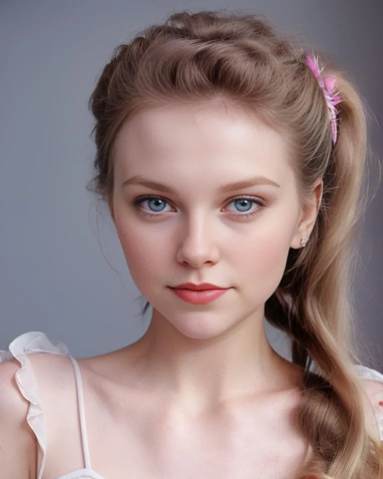 Close-up portrait of a young woman with green eyes, soft makeup, and a serene expression. AI generated image using Stable Diffusion.